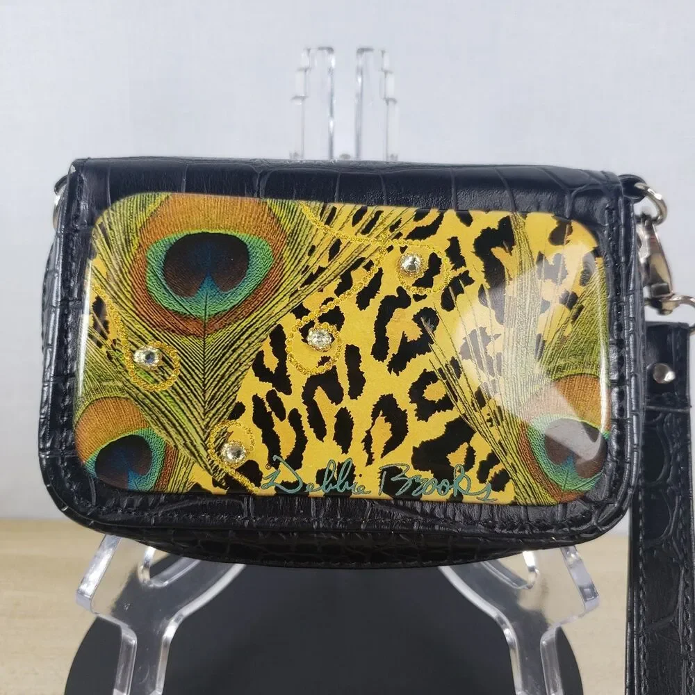 Debbie Brooks Black Peacock Animal Print Rhinestone Wristlet Wallet Phone Case